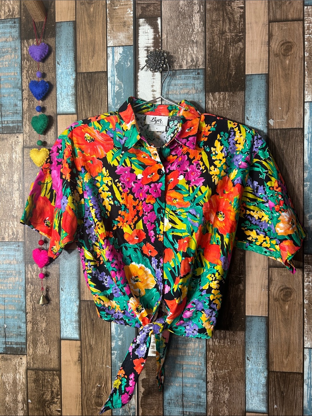 Byer California Bold Multicolor Floral Tie-Front Shirt